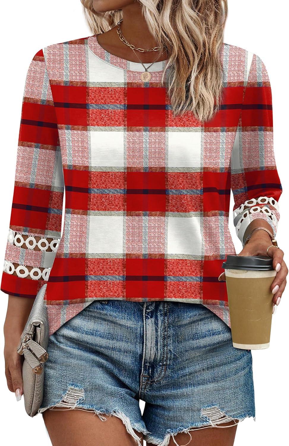 imageXIEERDUO 34 Length Sleeve Womens Tops and Blouses Dressy Casual Crewneck T Shirts Fashion Clothes Loose Fit TrendyZ Plaid Red