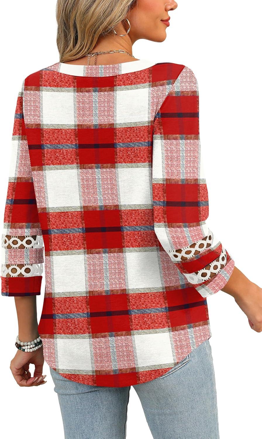 imageXIEERDUO 34 Length Sleeve Womens Tops and Blouses Dressy Casual Crewneck T Shirts Fashion Clothes Loose Fit TrendyZ Plaid Red