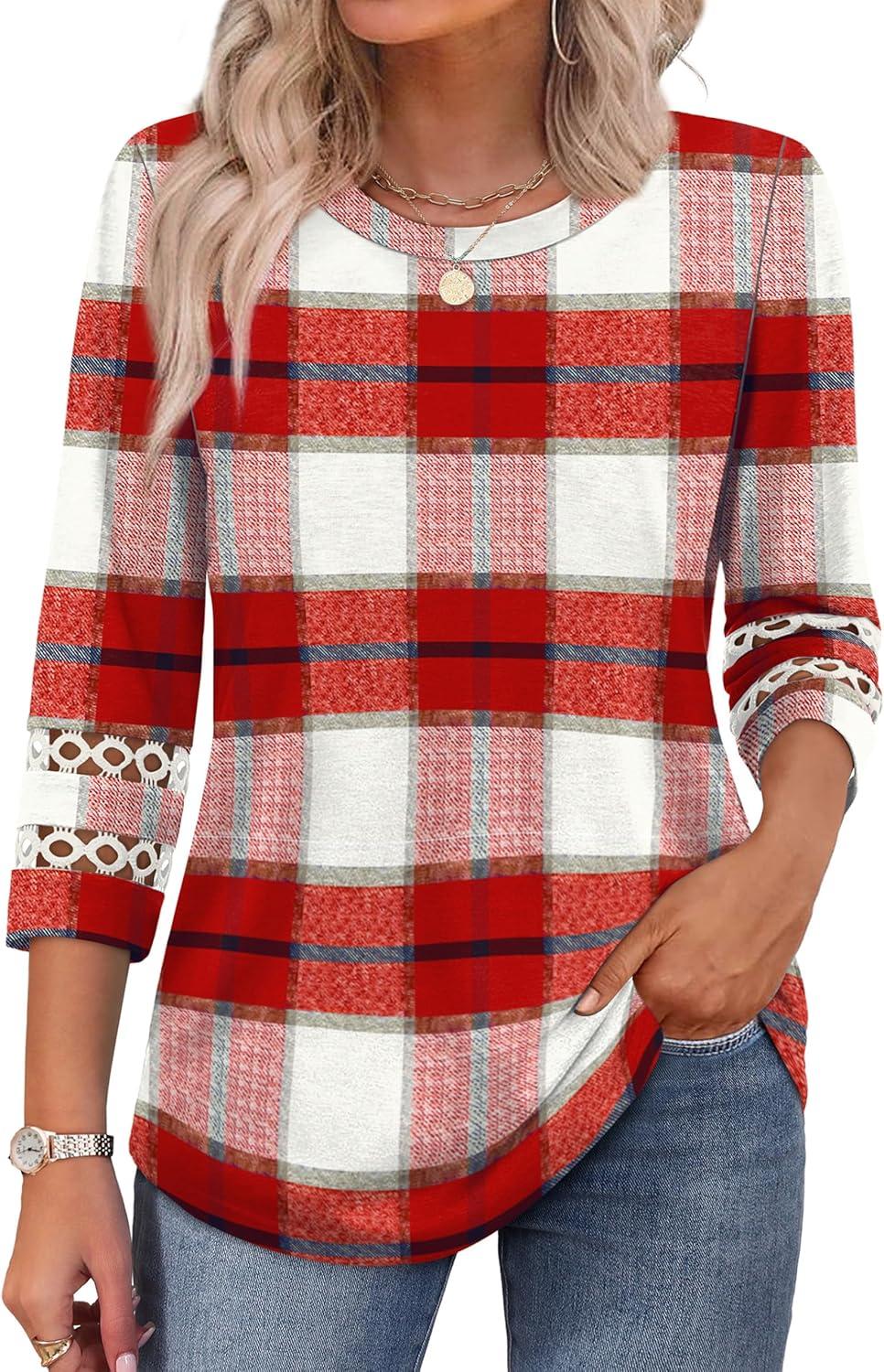 imageXIEERDUO 34 Length Sleeve Womens Tops and Blouses Dressy Casual Crewneck T Shirts Fashion Clothes Loose Fit TrendyZ Plaid Red