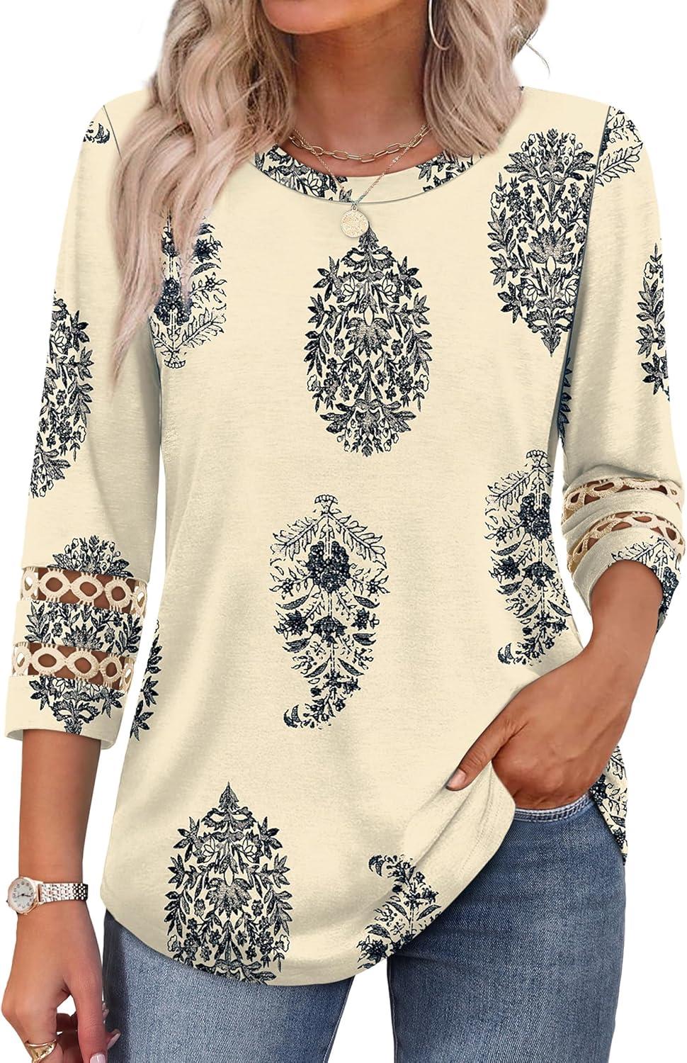 imageXIEERDUO 34 Length Sleeve Womens Tops and Blouses Dressy Casual Crewneck T Shirts Fashion Clothes Loose Fit TrendyZ Print Begie