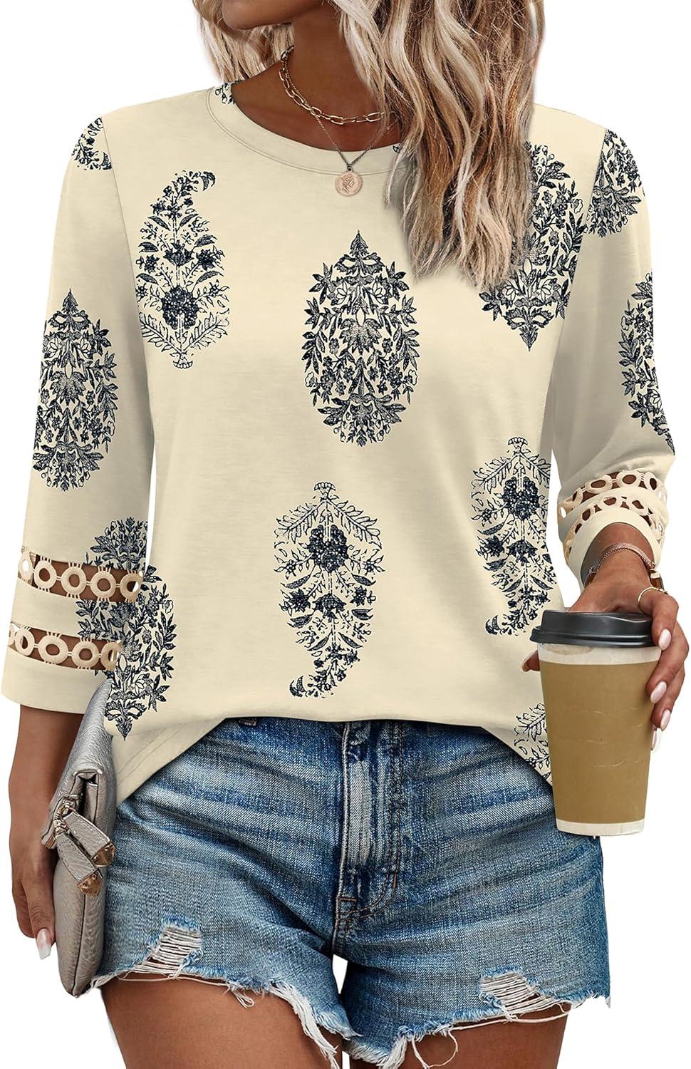 imageXIEERDUO 34 Length Sleeve Womens Tops and Blouses Dressy Casual Crewneck T Shirts Fashion Clothes Loose Fit TrendyZ Print Begie