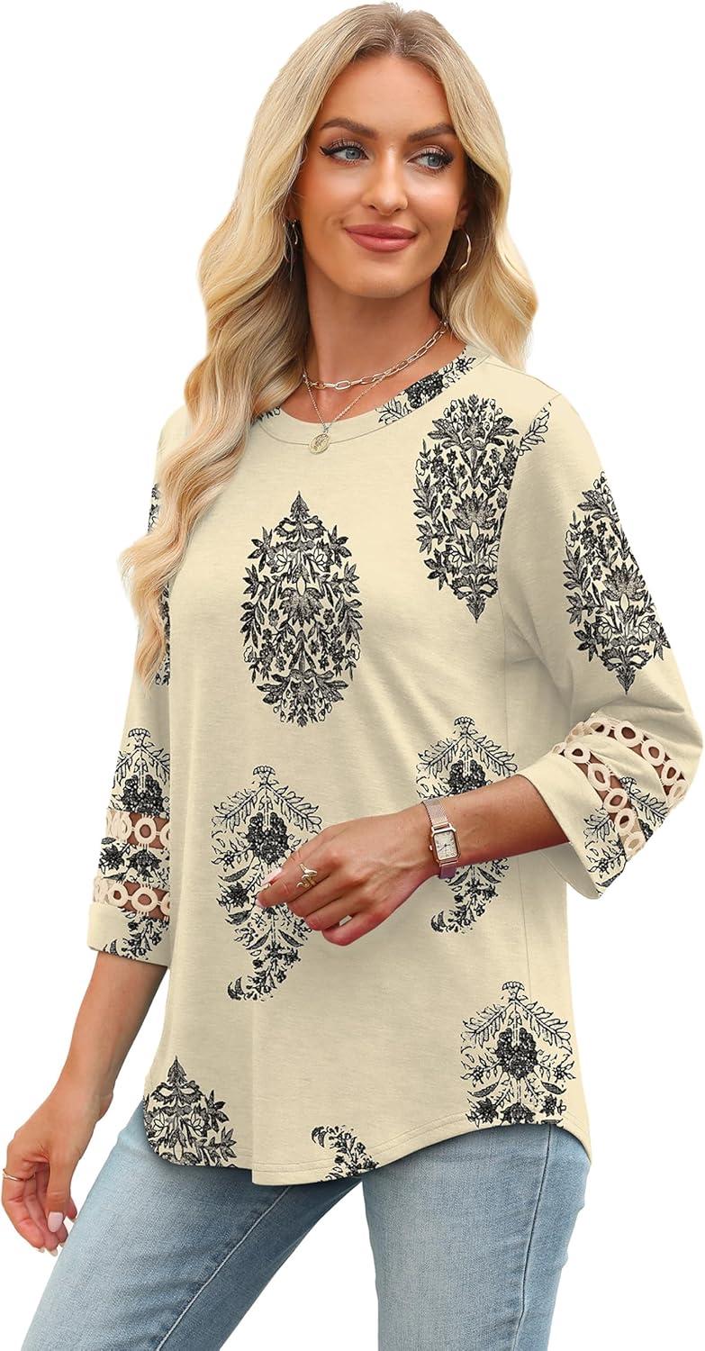 imageXIEERDUO 34 Length Sleeve Womens Tops and Blouses Dressy Casual Crewneck T Shirts Fashion Clothes Loose Fit TrendyZ Print Begie