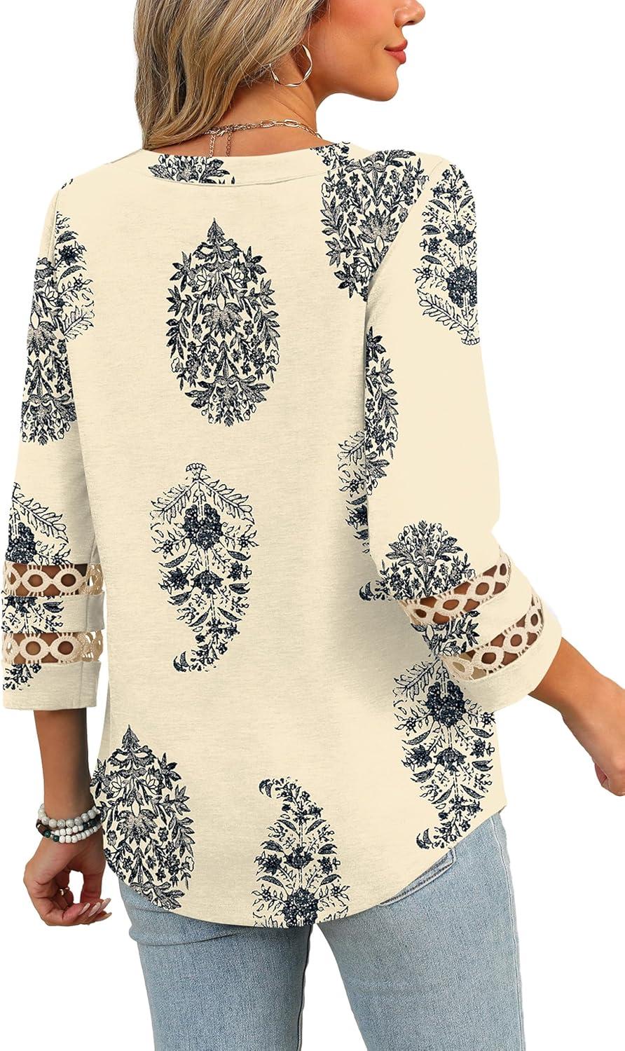 imageXIEERDUO 34 Length Sleeve Womens Tops and Blouses Dressy Casual Crewneck T Shirts Fashion Clothes Loose Fit TrendyZ Print Begie