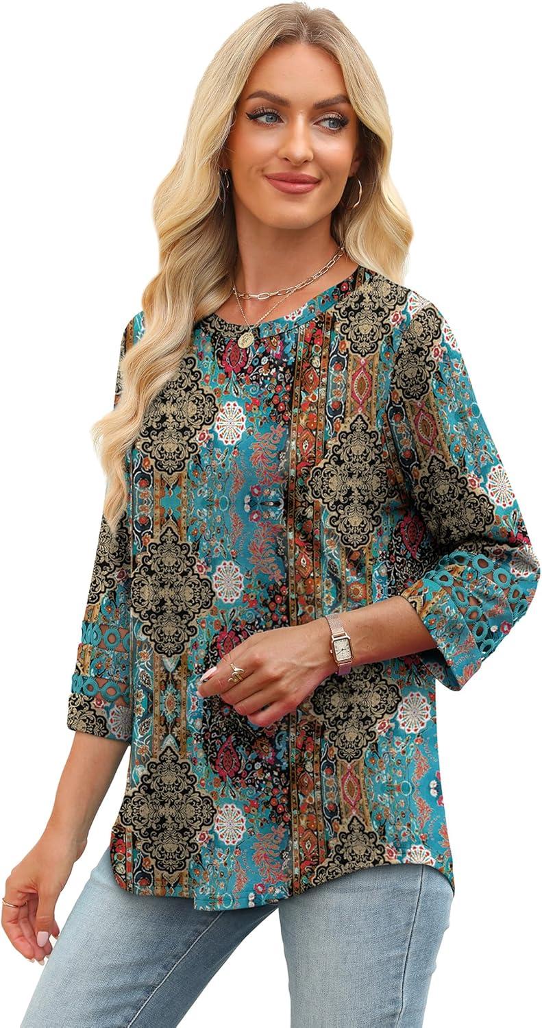 imageXIEERDUO 34 Length Sleeve Womens Tops and Blouses Dressy Casual Crewneck T Shirts Fashion Clothes Loose Fit TrendyZ Print Black