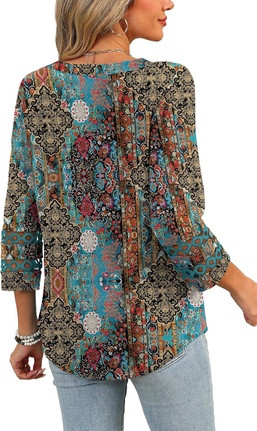 imageXIEERDUO 34 Length Sleeve Womens Tops and Blouses Dressy Casual Crewneck T Shirts Fashion Clothes Loose Fit TrendyZ Print Black