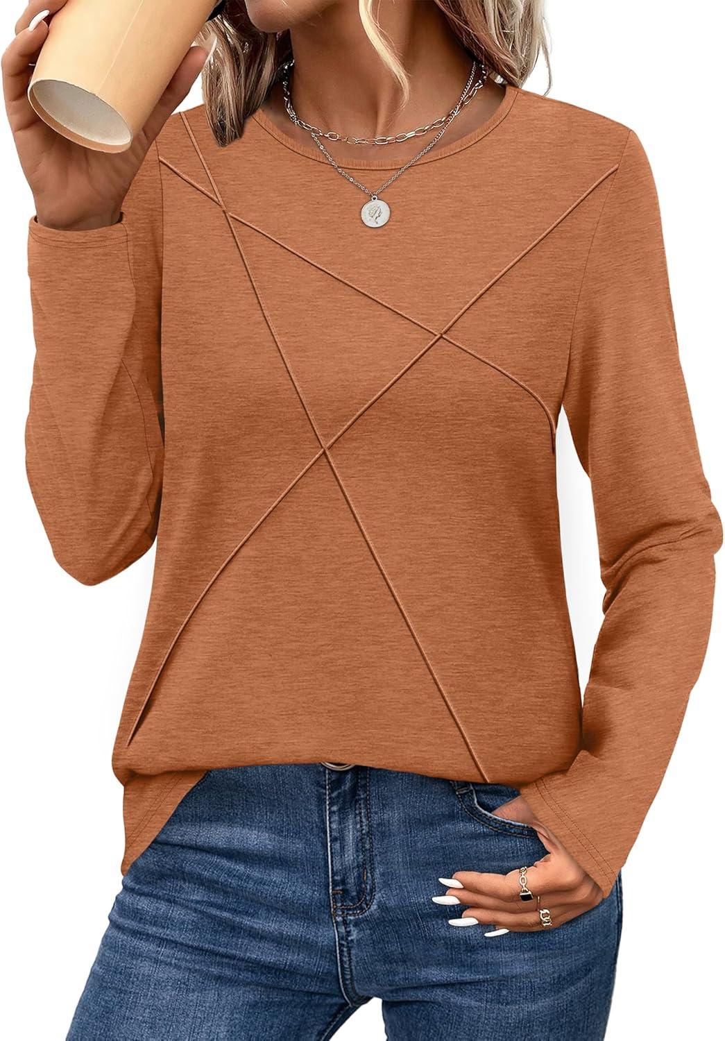 imageXIEERDUO Long Sleeve Shirts for Women Business Casual Tops Trendy Crewneck Fall T Shirts Pleated Loose FitCaramel