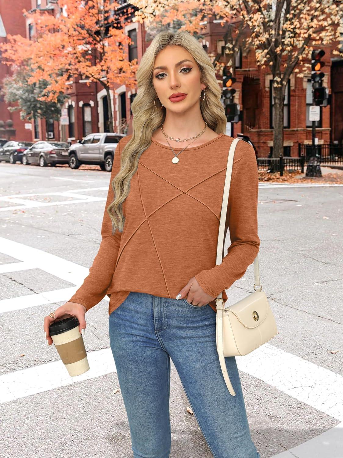 imageXIEERDUO Long Sleeve Shirts for Women Business Casual Tops Trendy Crewneck Fall T Shirts Pleated Loose FitCaramel