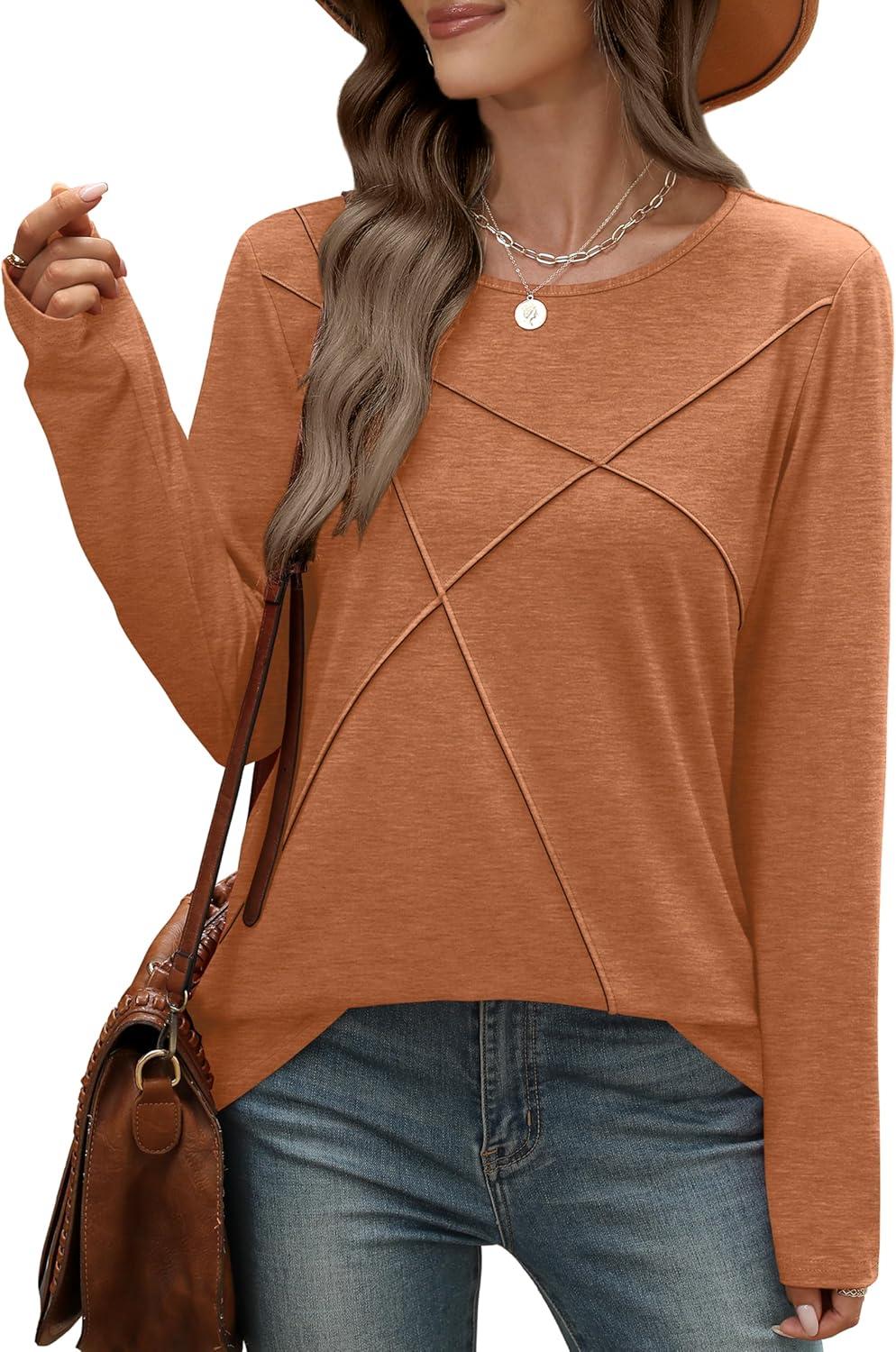 imageXIEERDUO Long Sleeve Shirts for Women Business Casual Tops Trendy Crewneck Fall T Shirts Pleated Loose FitCaramel