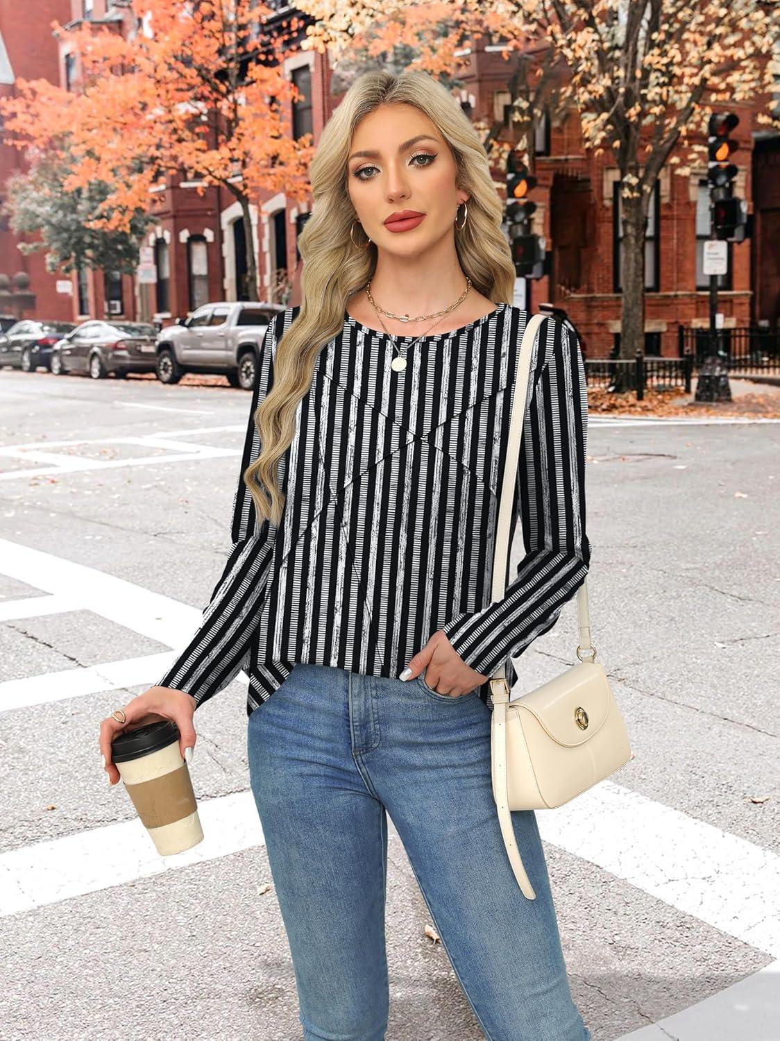 imageXIEERDUO Long Sleeve Shirts for Women Business Casual Tops Trendy Crewneck Fall T Shirts Pleated Loose FitD Black Striped