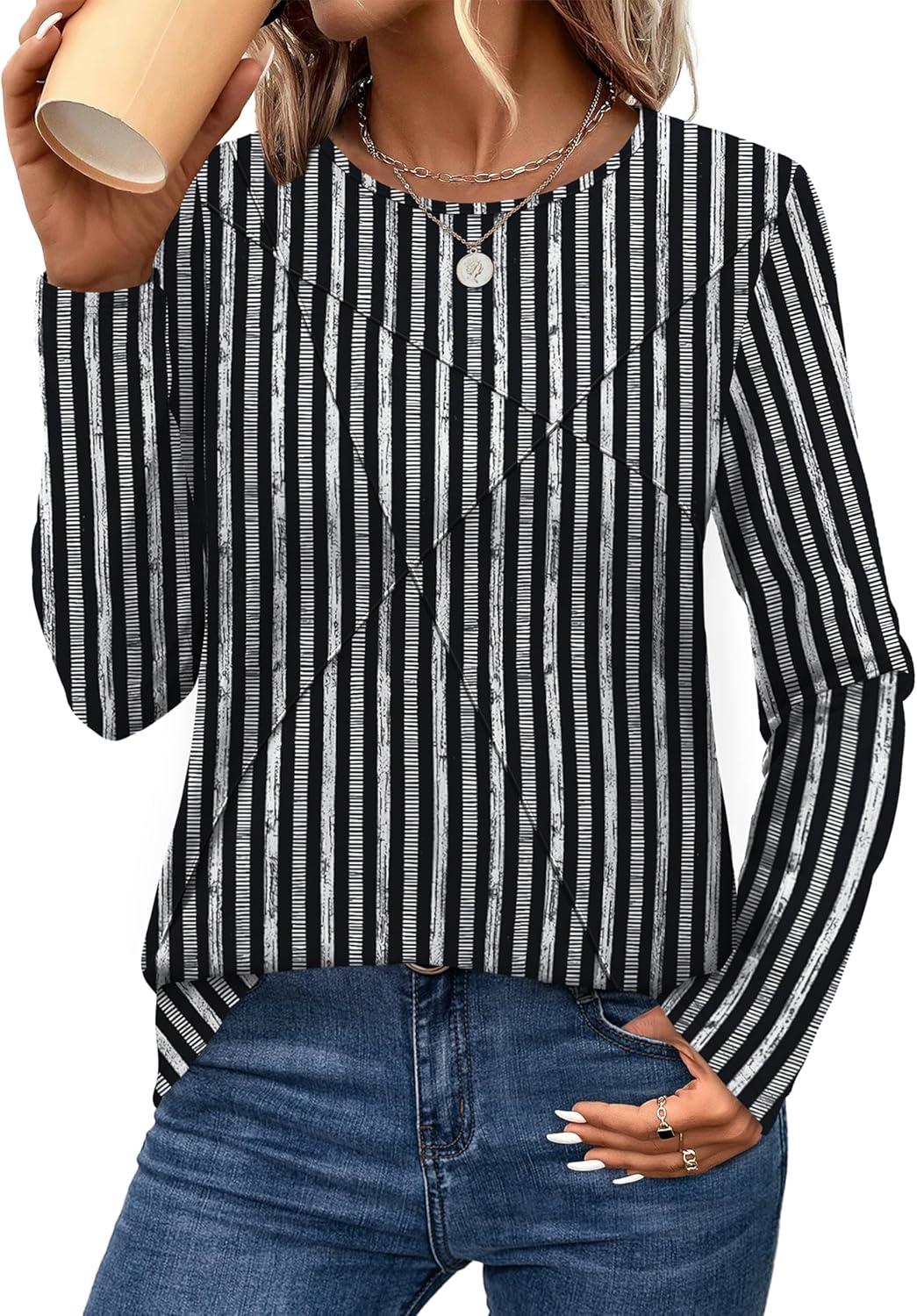 imageXIEERDUO Long Sleeve Shirts for Women Business Casual Tops Trendy Crewneck Fall T Shirts Pleated Loose FitD Black Striped