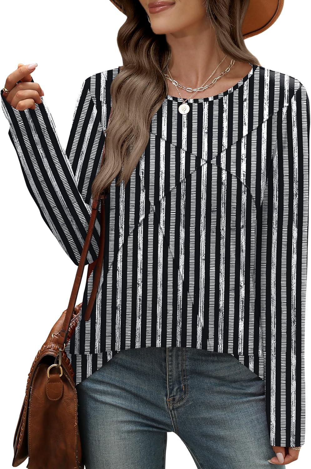 imageXIEERDUO Long Sleeve Shirts for Women Business Casual Tops Trendy Crewneck Fall T Shirts Pleated Loose FitD Black Striped