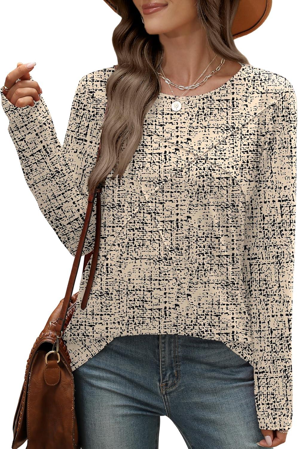 imageXIEERDUO Long Sleeve Shirts for Women Business Casual Tops Trendy Crewneck Fall T Shirts Pleated Loose FitD Print