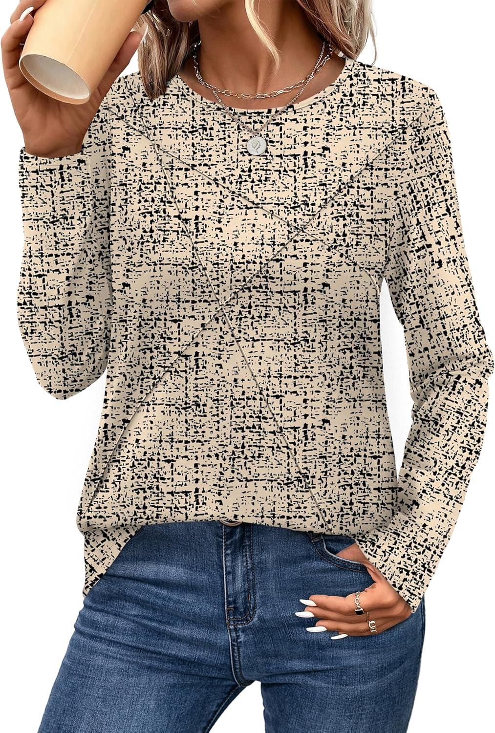 imageXIEERDUO Long Sleeve Shirts for Women Business Casual Tops Trendy Crewneck Fall T Shirts Pleated Loose FitD Print