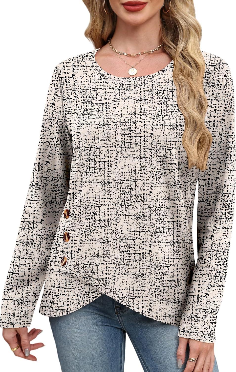 imageXIEERDUO Tunic Sweaters for Women Long Sleeve Shirts Crew Neck Tops with Buttons Fall Fashion Outfits Winter ClothingBeige Black Dots