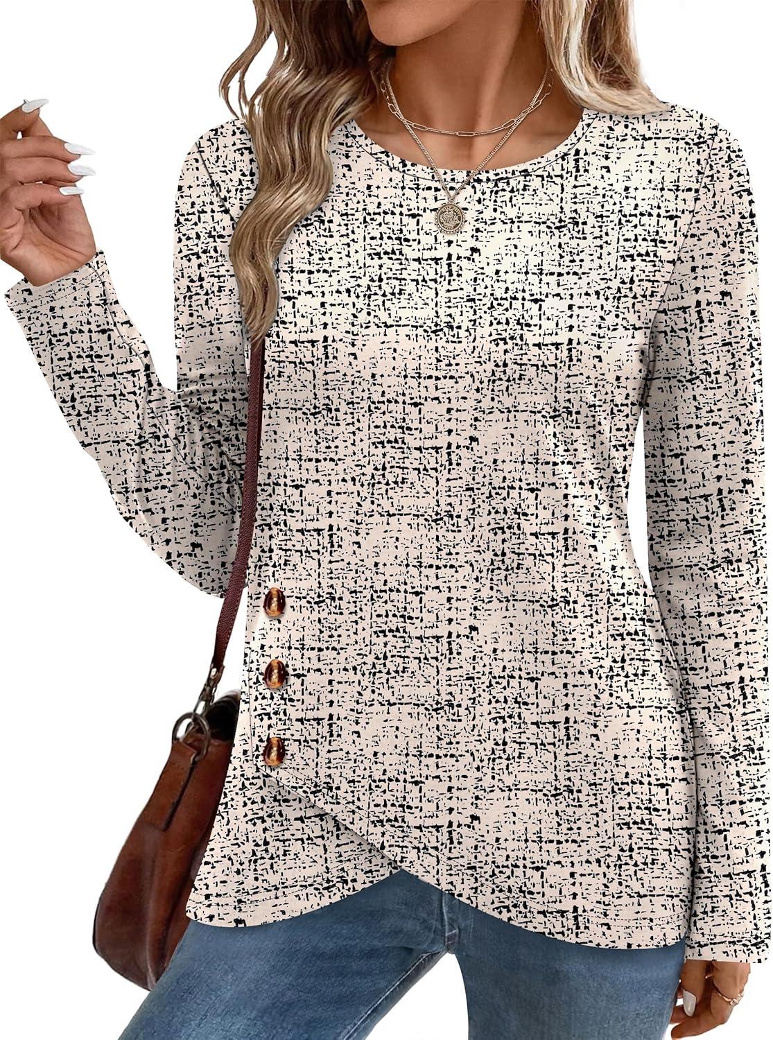 imageXIEERDUO Tunic Sweaters for Women Long Sleeve Shirts Crew Neck Tops with Buttons Fall Fashion Outfits Winter ClothingBeige Black Dots