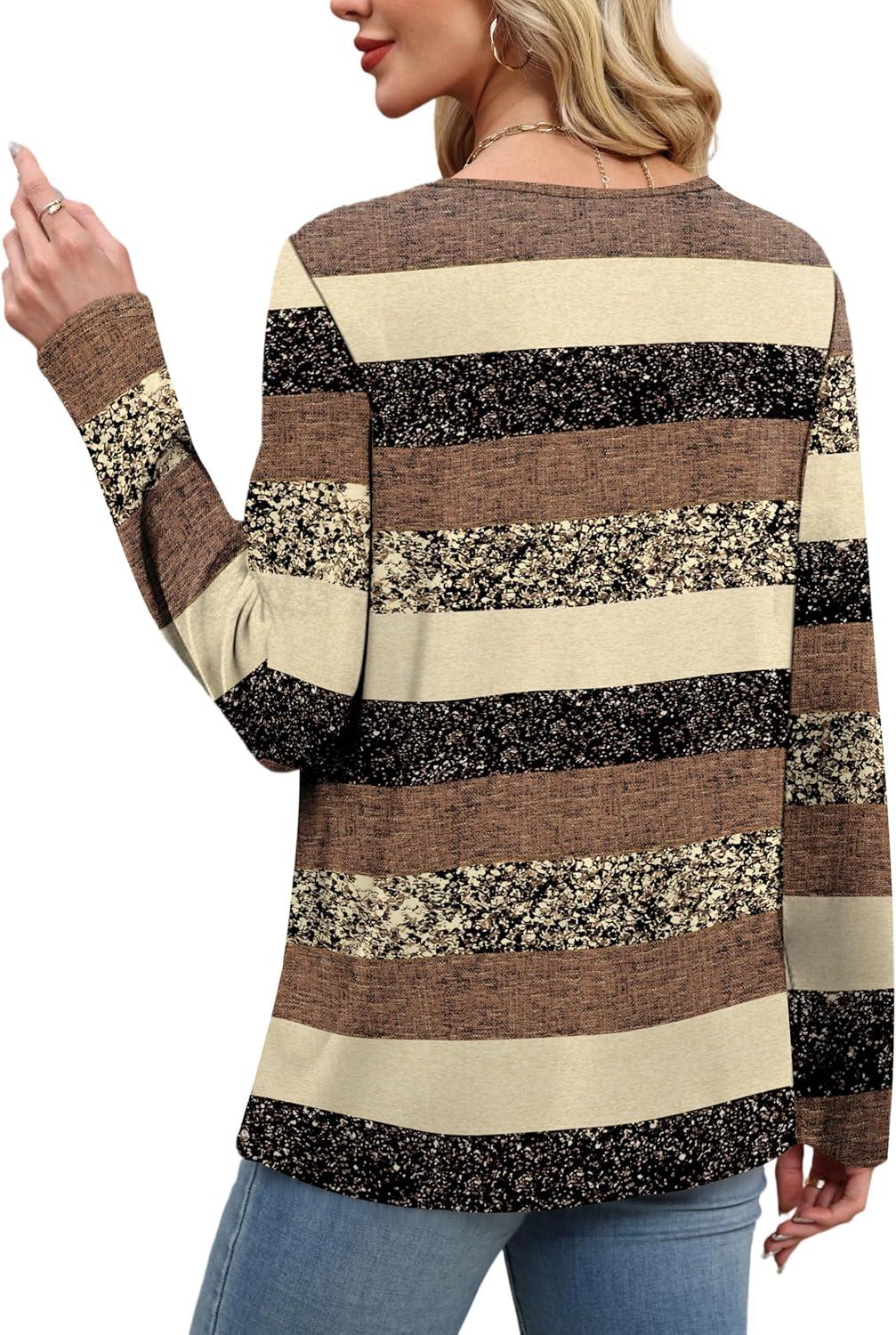 imageXIEERDUO Tunic Sweaters for Women Long Sleeve Shirts Crew Neck Tops with Buttons Fall Fashion Outfits Winter ClothingBrown Grey Stripes