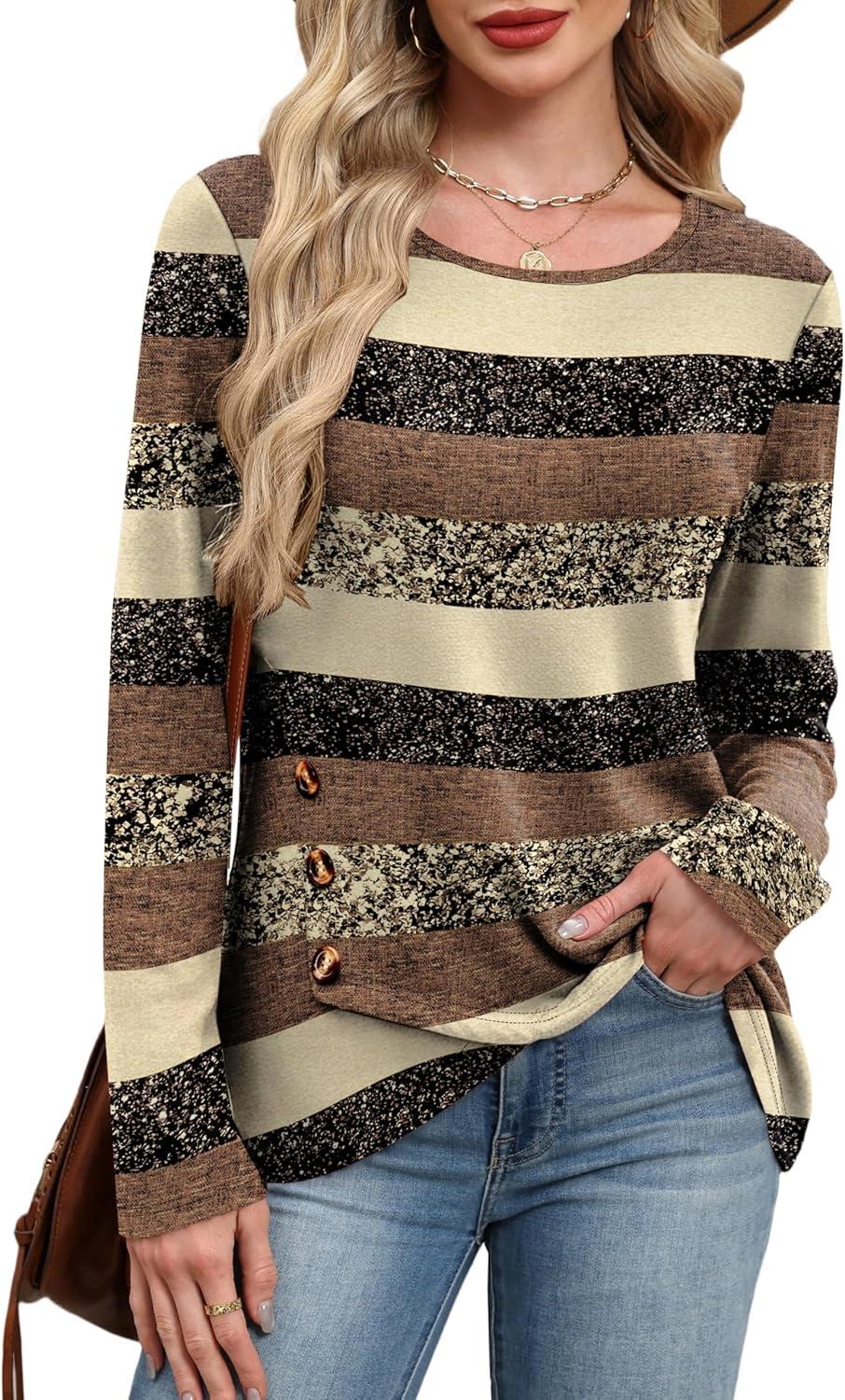 imageXIEERDUO Tunic Sweaters for Women Long Sleeve Shirts Crew Neck Tops with Buttons Fall Fashion Outfits Winter ClothingBrown Grey Stripes