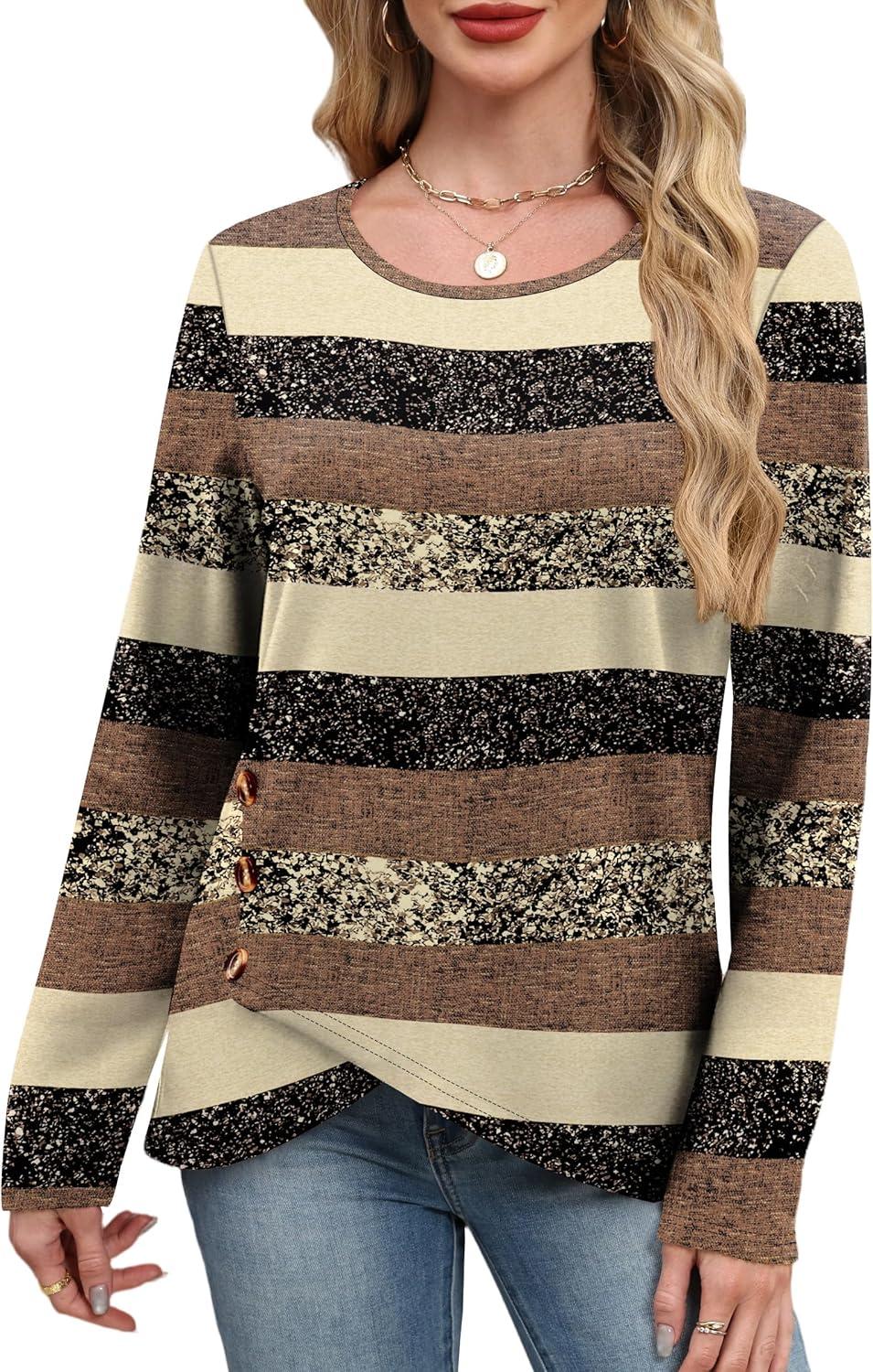 imageXIEERDUO Tunic Sweaters for Women Long Sleeve Shirts Crew Neck Tops with Buttons Fall Fashion Outfits Winter ClothingBrown Grey Stripes