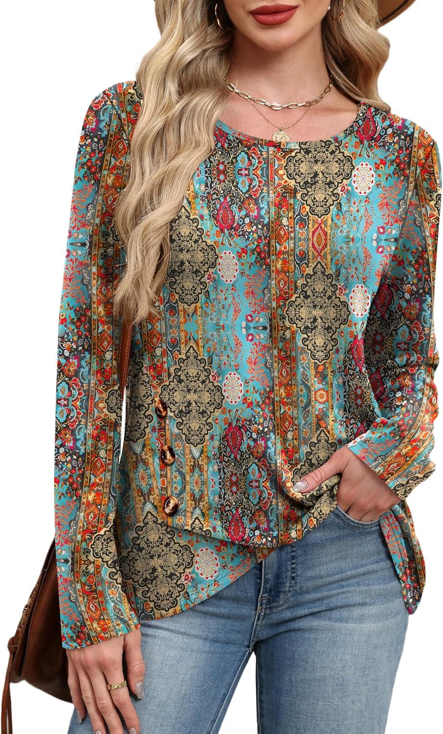 imageXIEERDUO Tunic Sweaters for Women Long Sleeve Shirts Crew Neck Tops with Buttons Fall Fashion Outfits Winter ClothingFigure