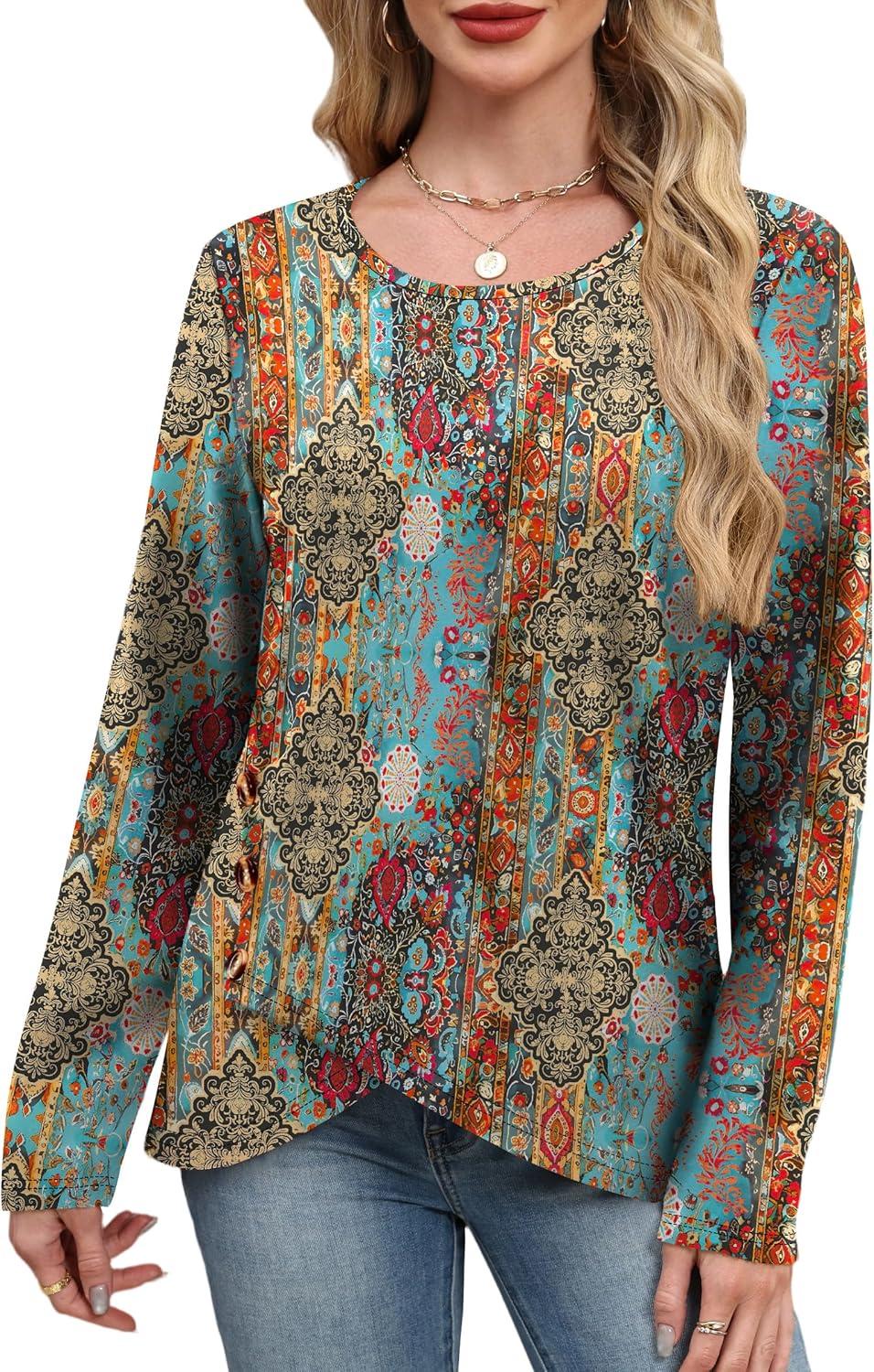 imageXIEERDUO Tunic Sweaters for Women Long Sleeve Shirts Crew Neck Tops with Buttons Fall Fashion Outfits Winter ClothingFigure