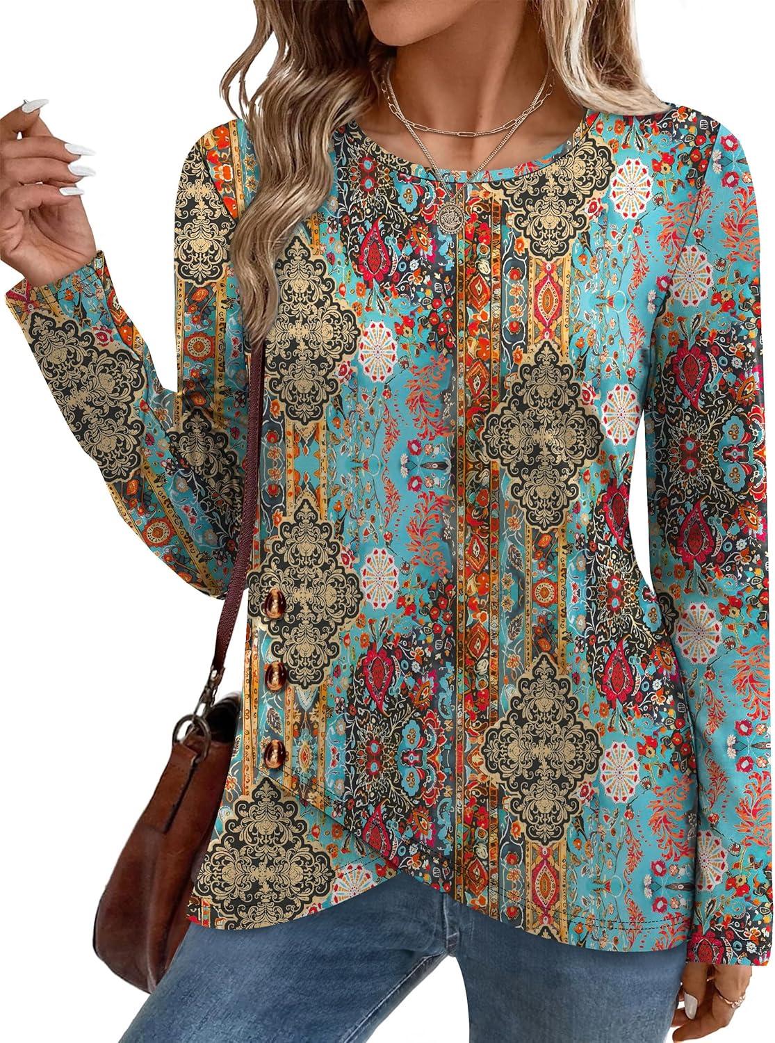 imageXIEERDUO Tunic Sweaters for Women Long Sleeve Shirts Crew Neck Tops with Buttons Fall Fashion Outfits Winter ClothingFigure