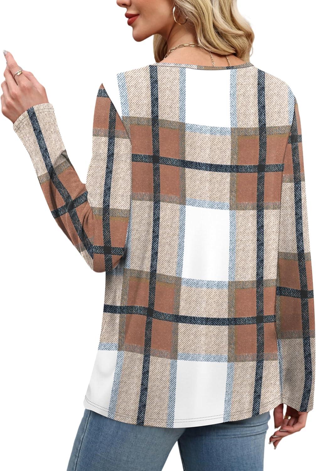 imageXIEERDUO Tunic Sweaters for Women Long Sleeve Shirts Crew Neck Tops with Buttons Fall Fashion Outfits Winter ClothingGrid