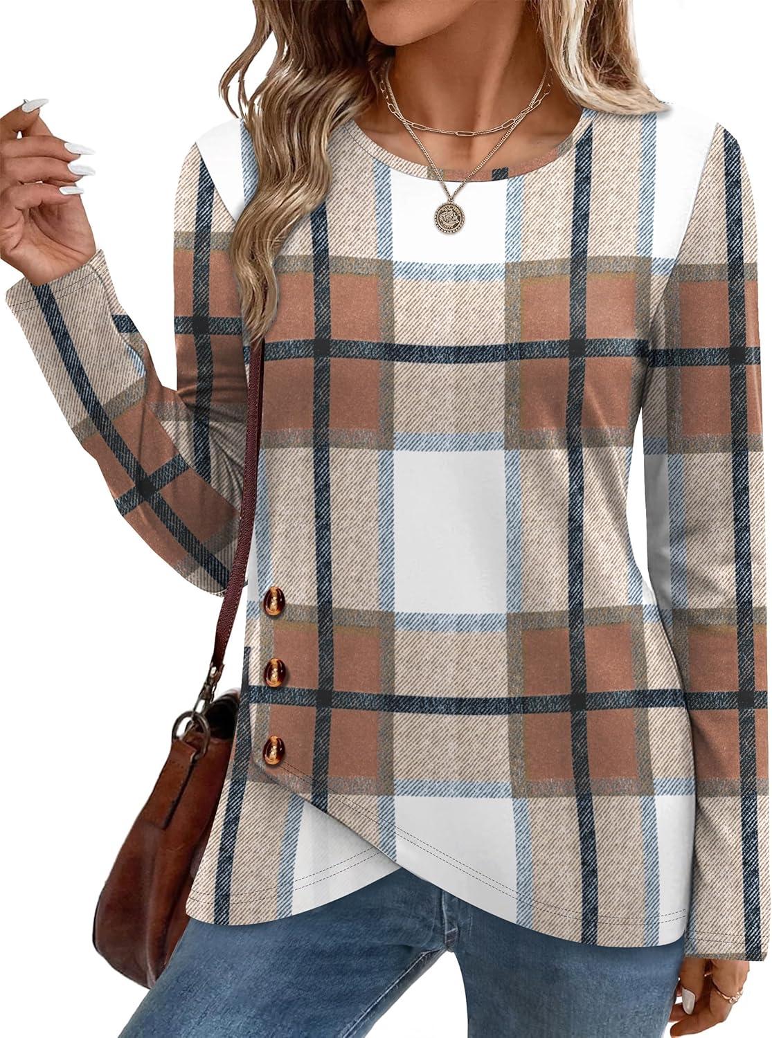 imageXIEERDUO Tunic Sweaters for Women Long Sleeve Shirts Crew Neck Tops with Buttons Fall Fashion Outfits Winter ClothingGrid