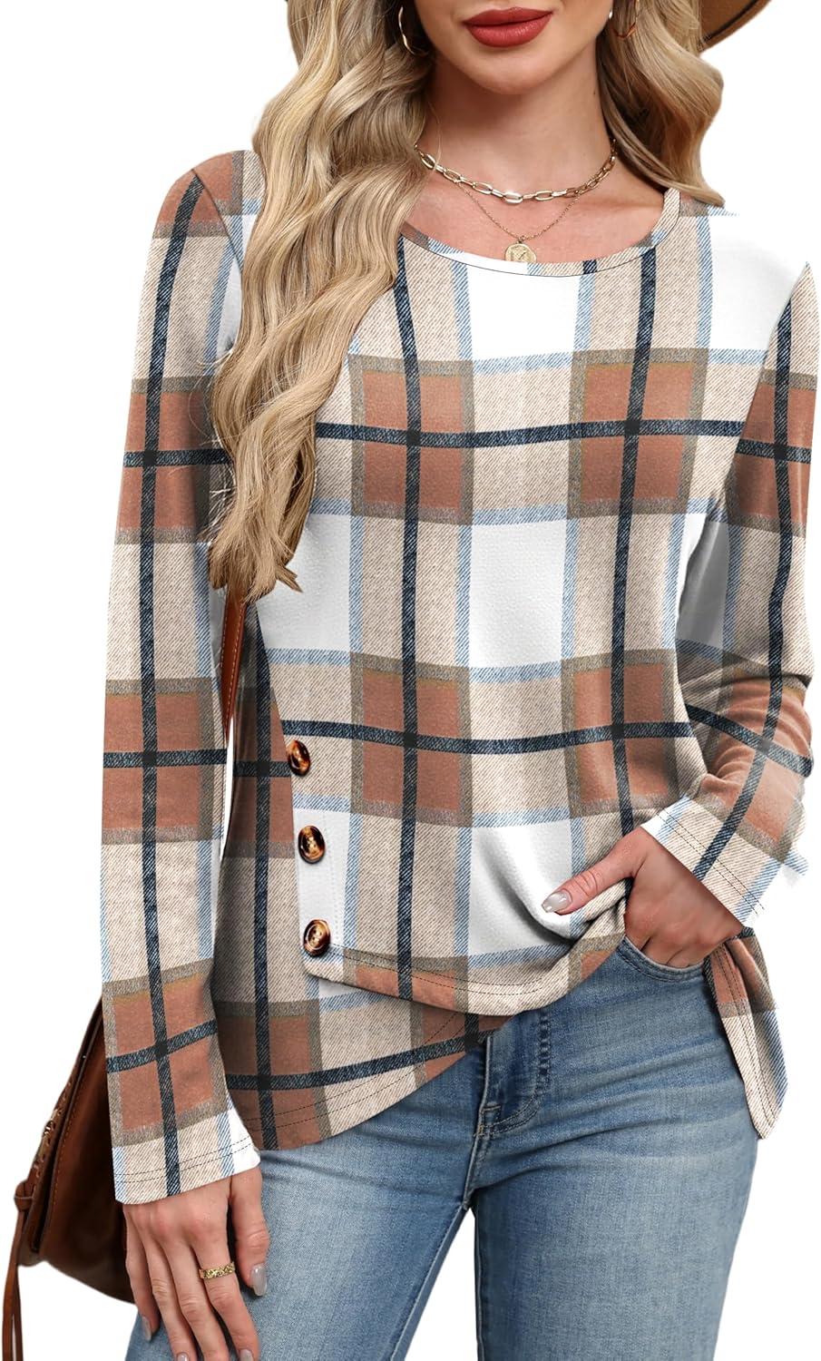 imageXIEERDUO Tunic Sweaters for Women Long Sleeve Shirts Crew Neck Tops with Buttons Fall Fashion Outfits Winter ClothingGrid