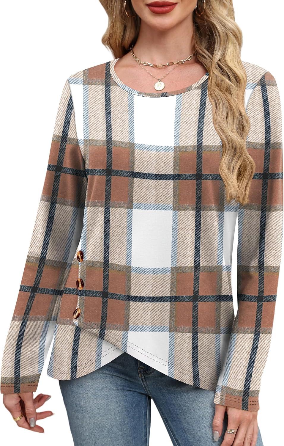 imageXIEERDUO Tunic Sweaters for Women Long Sleeve Shirts Crew Neck Tops with Buttons Fall Fashion Outfits Winter ClothingGrid