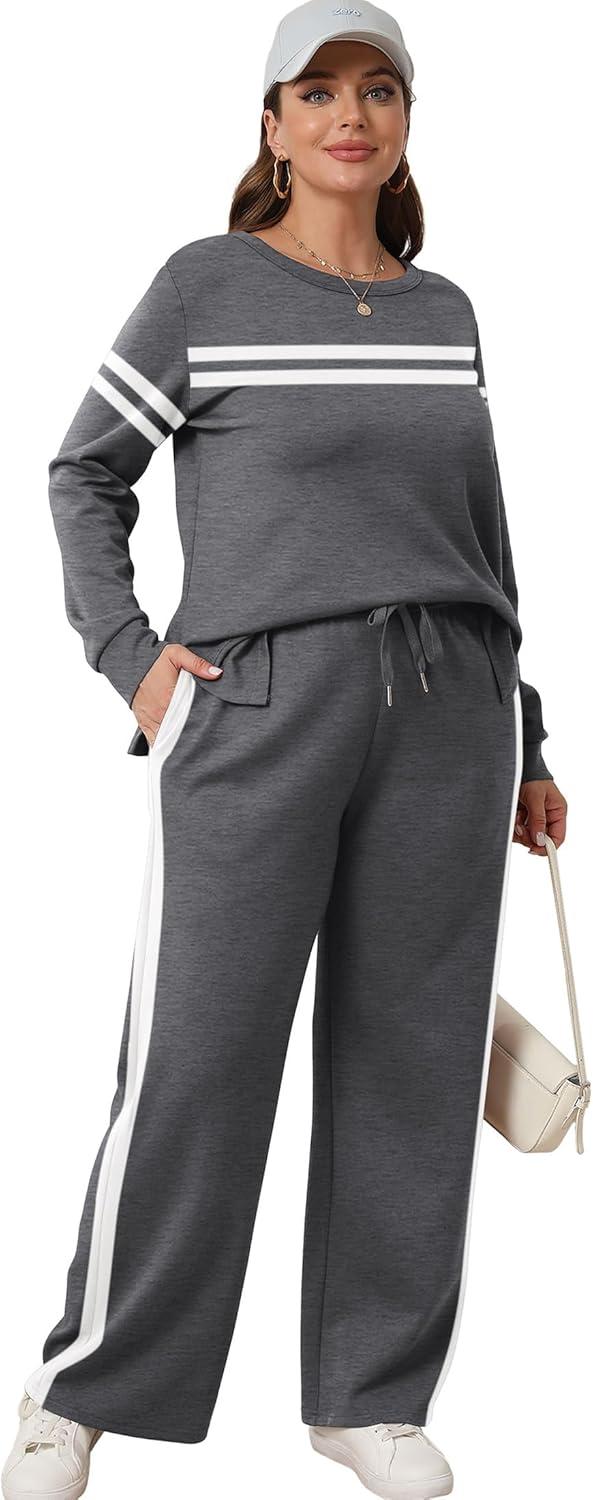 imageXIEERDUO Women 2 Piece Outfits Fall Lounge Sets Fall Travel Tracksuit Winter Track Suit Airport Loungewear Vacation Sweatsuit Wide Leg Sweatpants Matching Clothing Set Grey L
