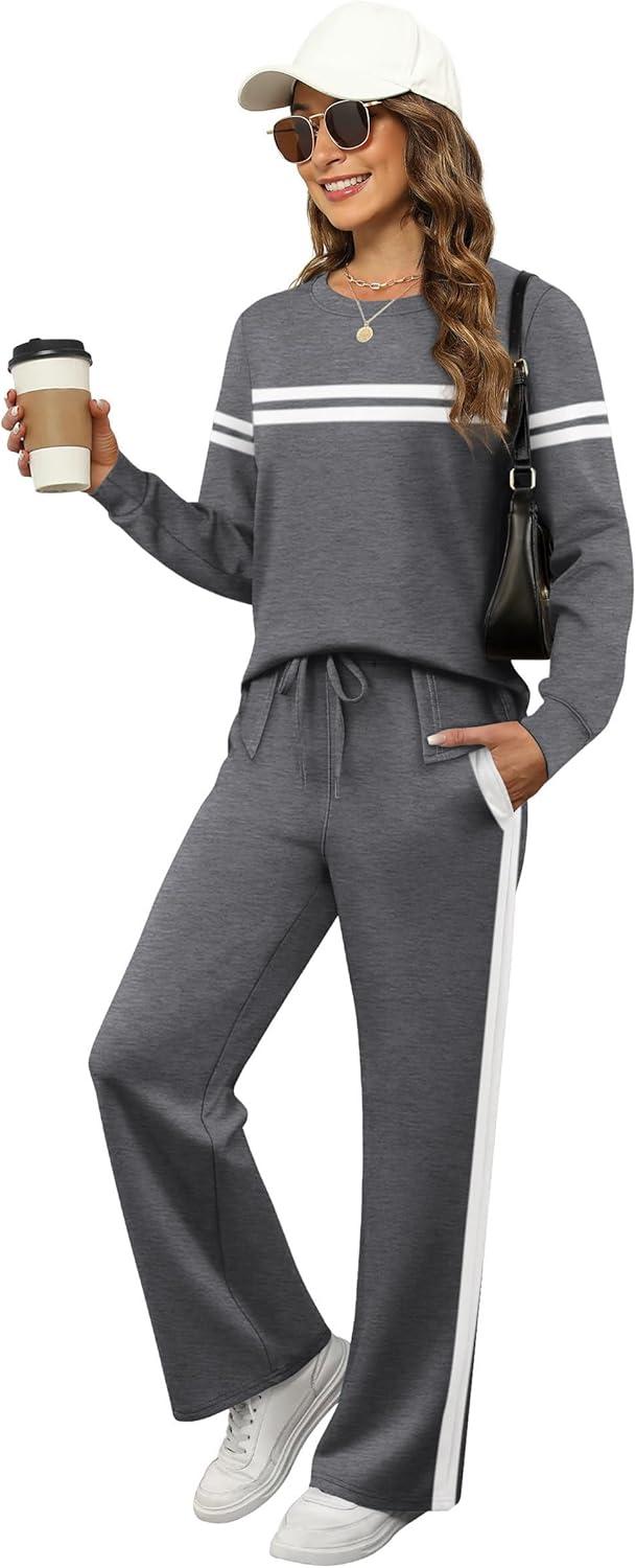 imageXIEERDUO Women 2 Piece Outfits Fall Lounge Sets Fall Travel Tracksuit Winter Track Suit Airport Loungewear Vacation Sweatsuit Wide Leg Sweatpants Matching Clothing Set Grey L