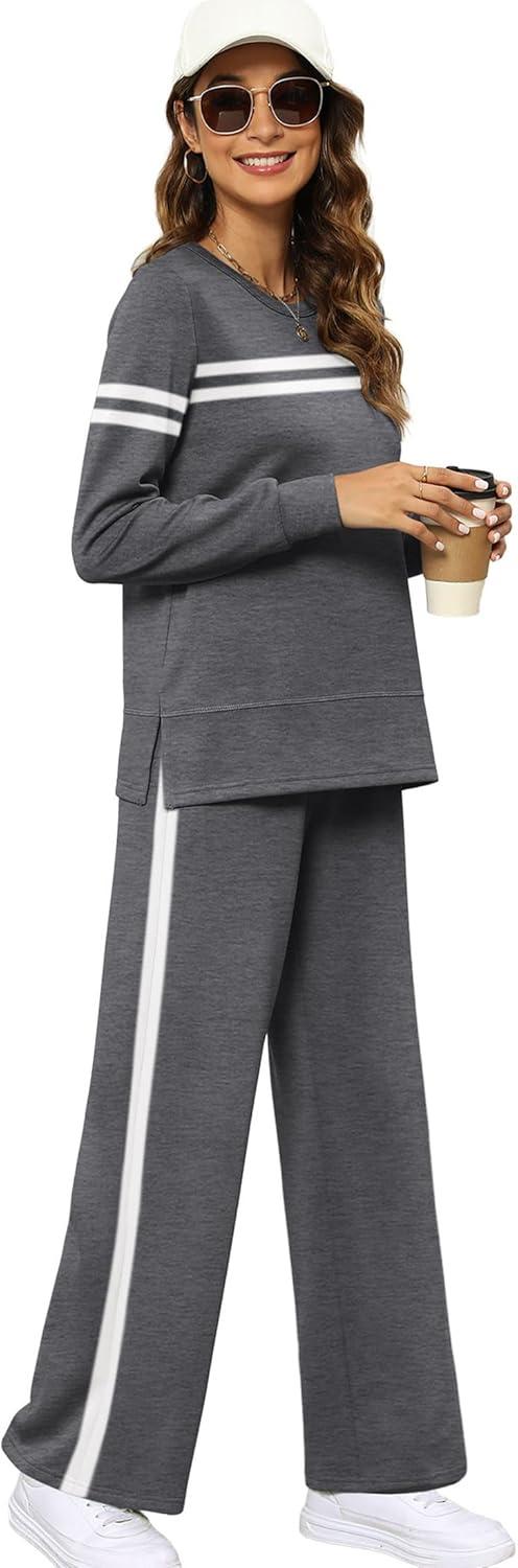 imageXIEERDUO Women 2 Piece Outfits Fall Lounge Sets Fall Travel Tracksuit Winter Track Suit Airport Loungewear Vacation Sweatsuit Wide Leg Sweatpants Matching Clothing Set Grey L