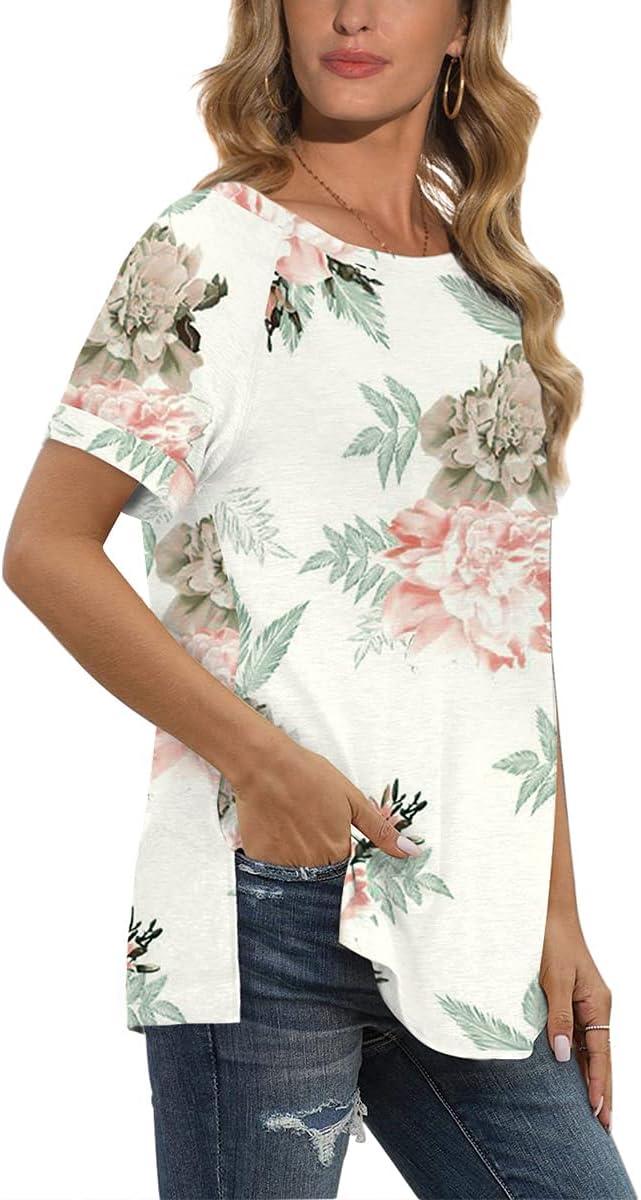 imageXIEERDUO Womens Summer Short Sleeve Tops High Low V Neck Tshirts Loose Tees with Pocket002peony Flower