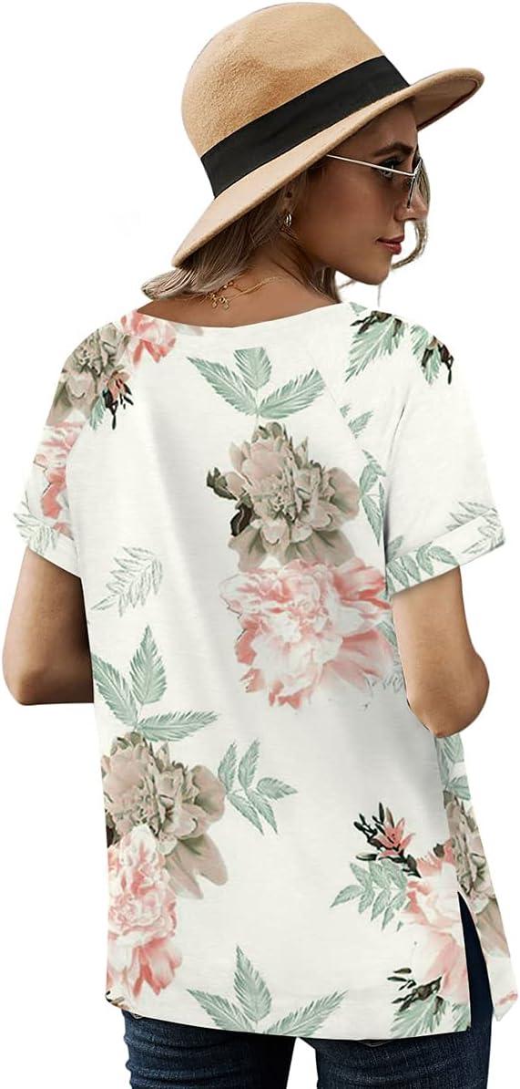 imageXIEERDUO Womens Summer Short Sleeve Tops High Low V Neck Tshirts Loose Tees with Pocket002peony Flower
