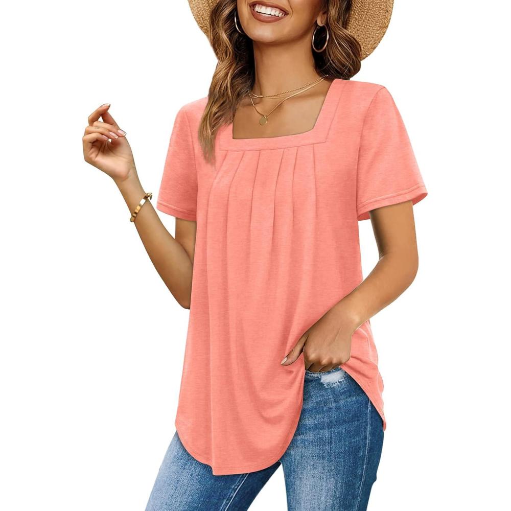 imageWomens Summer Tops Square Neck Pleated Front Short Sleeve Tunic Shirts S3XL04coral