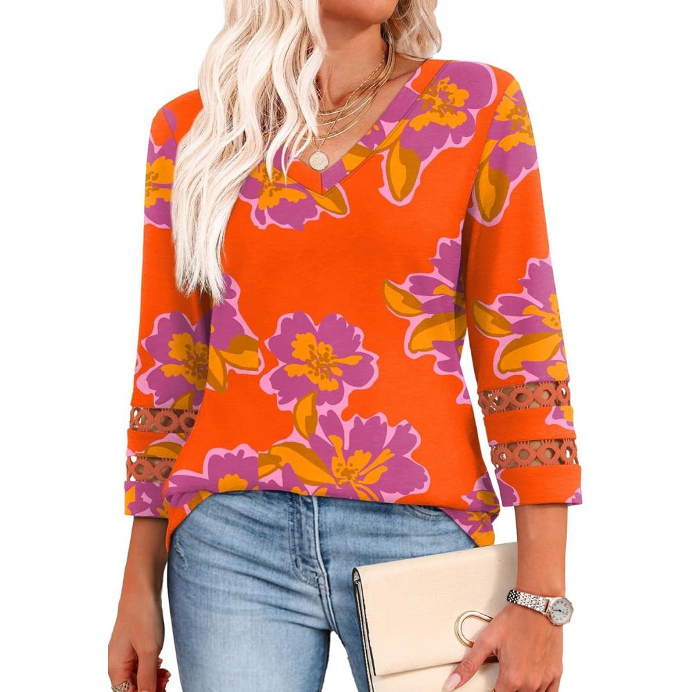 imageXIEERDUO 34 Length Sleeve Womens Tops Dressy Casual Blouses for Women 2025 Trendy V Neck T Shirts Summer ClothesZ Orange Printed