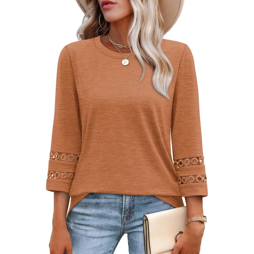 imageXIEERDUO 34 Length Sleeve Womens Tops and Blouses Dressy Casual Crewneck T Shirts Fashion Clothes Loose Fit TrendyCaramel