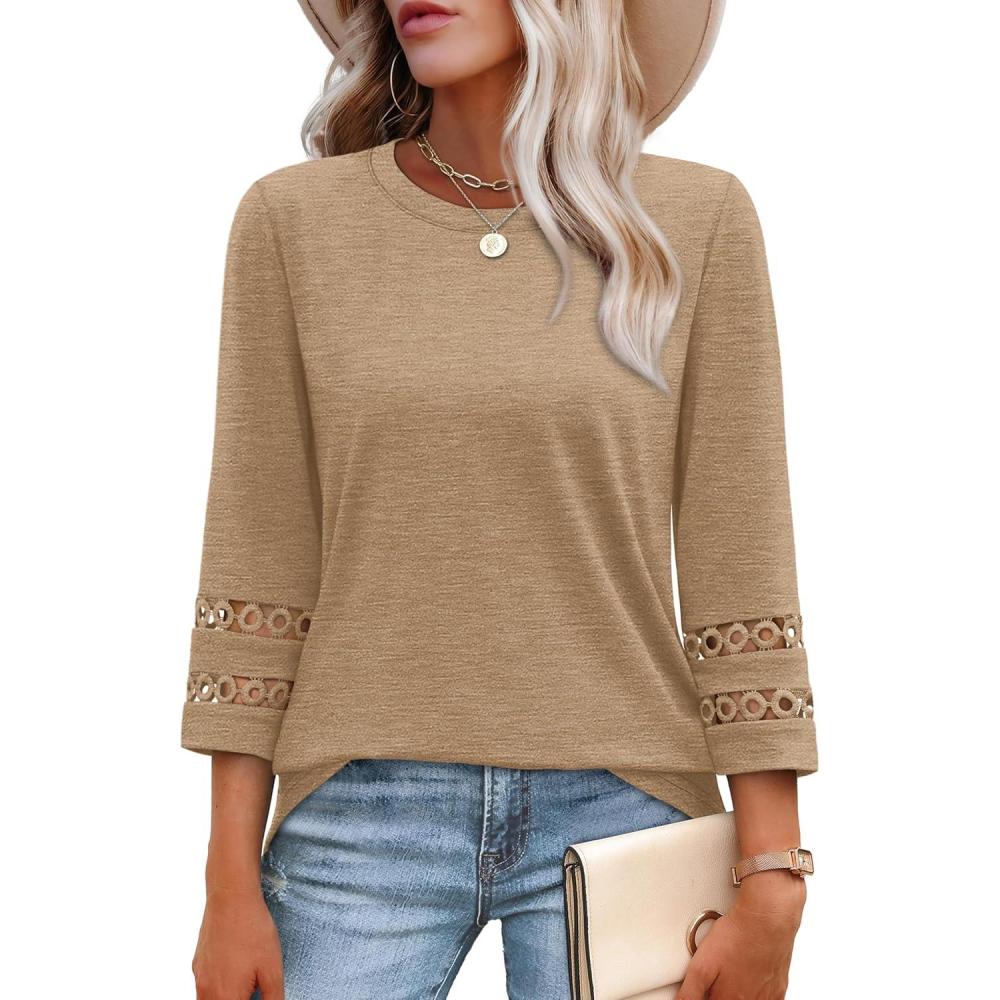 imageXIEERDUO 34 Length Sleeve Womens Tops and Blouses Dressy Casual Crewneck T Shirts Fashion Clothes Loose Fit TrendyKhaki