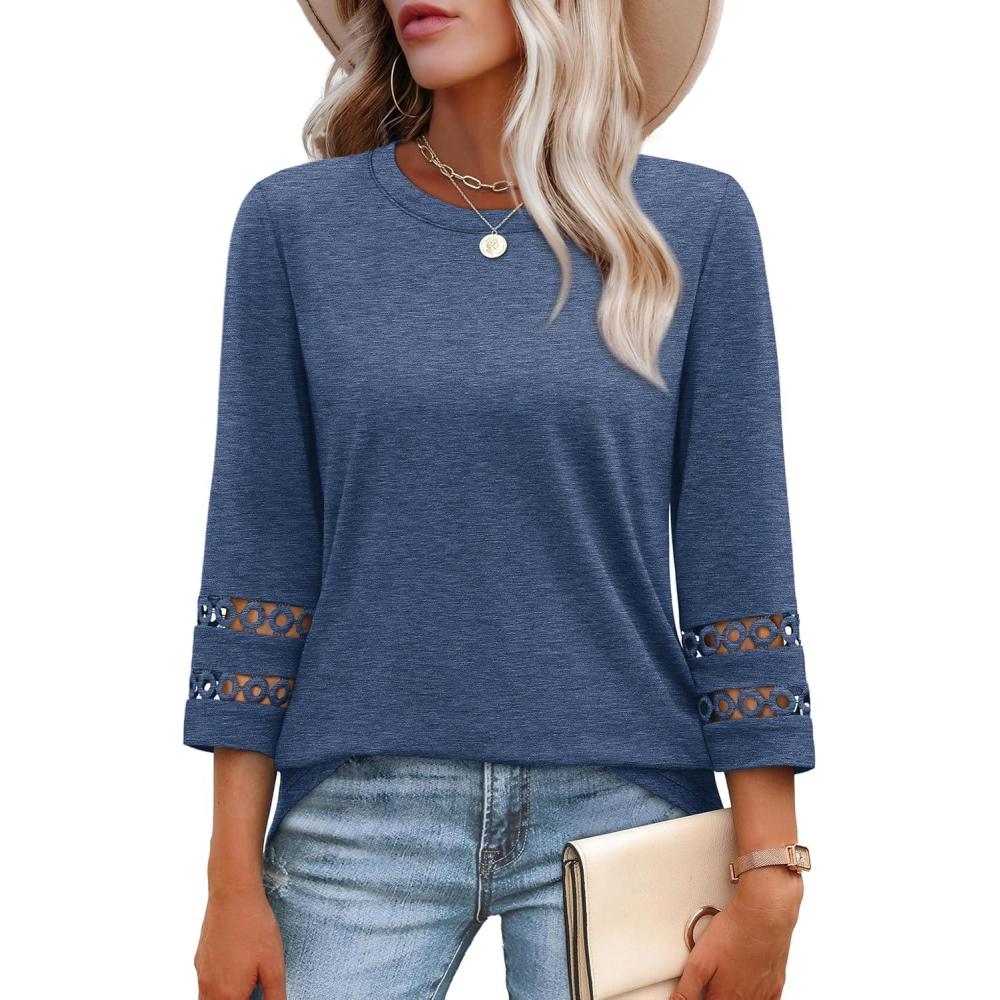 imageXIEERDUO 34 Length Sleeve Womens Tops and Blouses Dressy Casual Crewneck T Shirts Fashion Clothes Loose Fit TrendyNavy