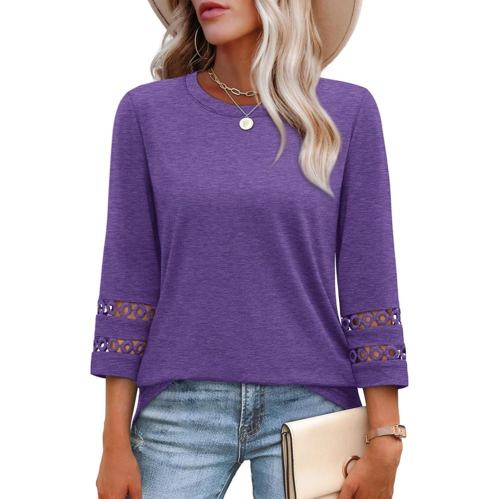 imageXIEERDUO 34 Length Sleeve Womens Tops and Blouses Dressy Casual Crewneck T Shirts Fashion Clothes Loose Fit TrendyPurple