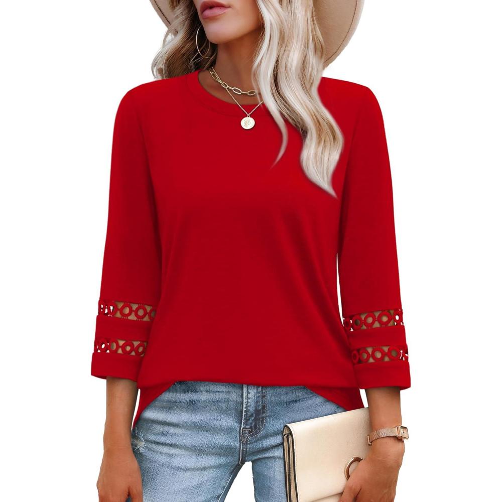 imageXIEERDUO 34 Length Sleeve Womens Tops and Blouses Dressy Casual Crewneck T Shirts Fashion Clothes Loose Fit TrendyRed