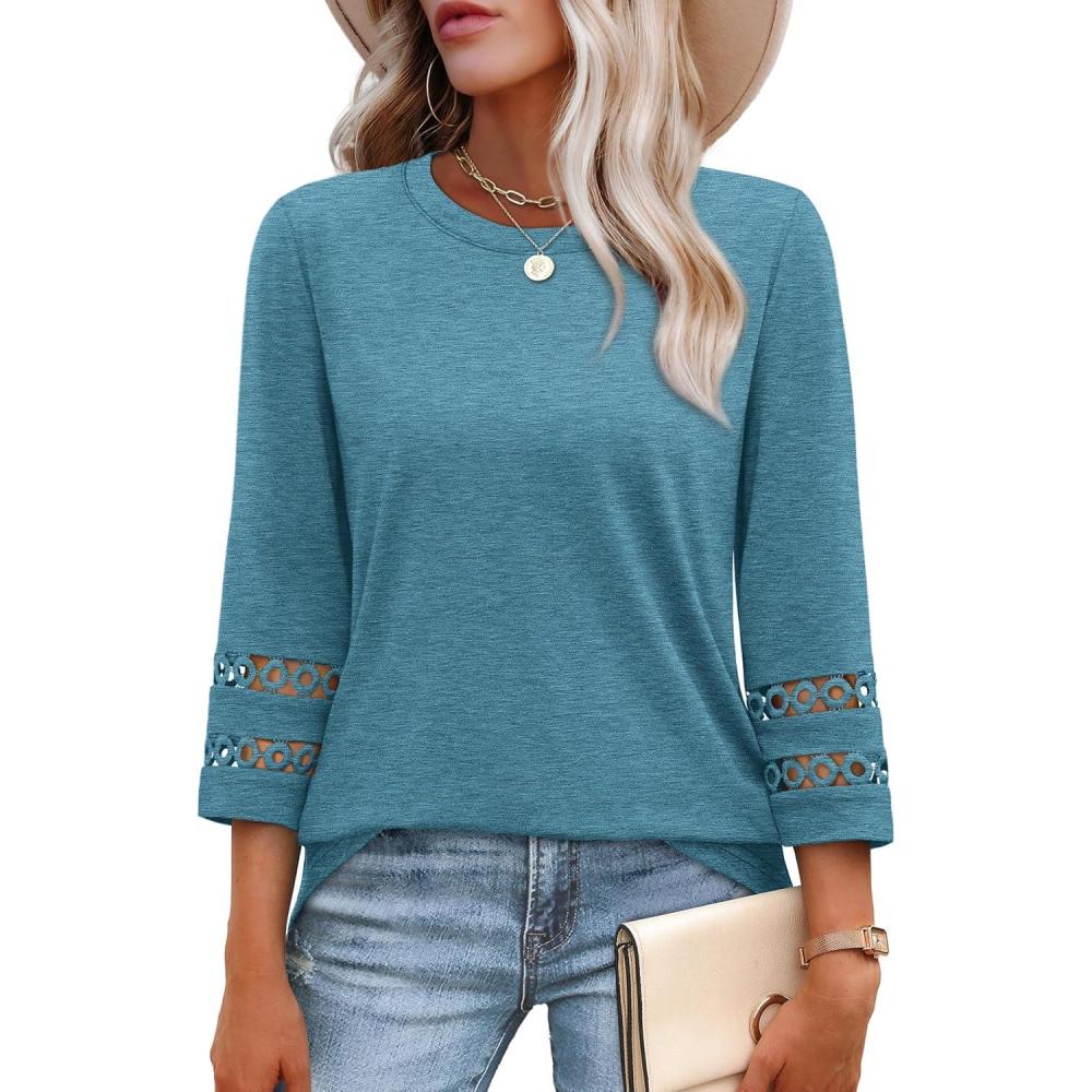 imageXIEERDUO 34 Length Sleeve Womens Tops and Blouses Dressy Casual Crewneck T Shirts Fashion Clothes Loose Fit TrendyTurquoise