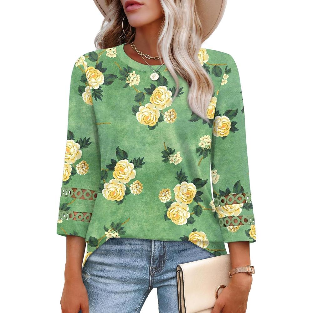 imageXIEERDUO 34 Length Sleeve Womens Tops and Blouses Dressy Casual Crewneck T Shirts Fashion Clothes Loose Fit TrendyZ Green Floral