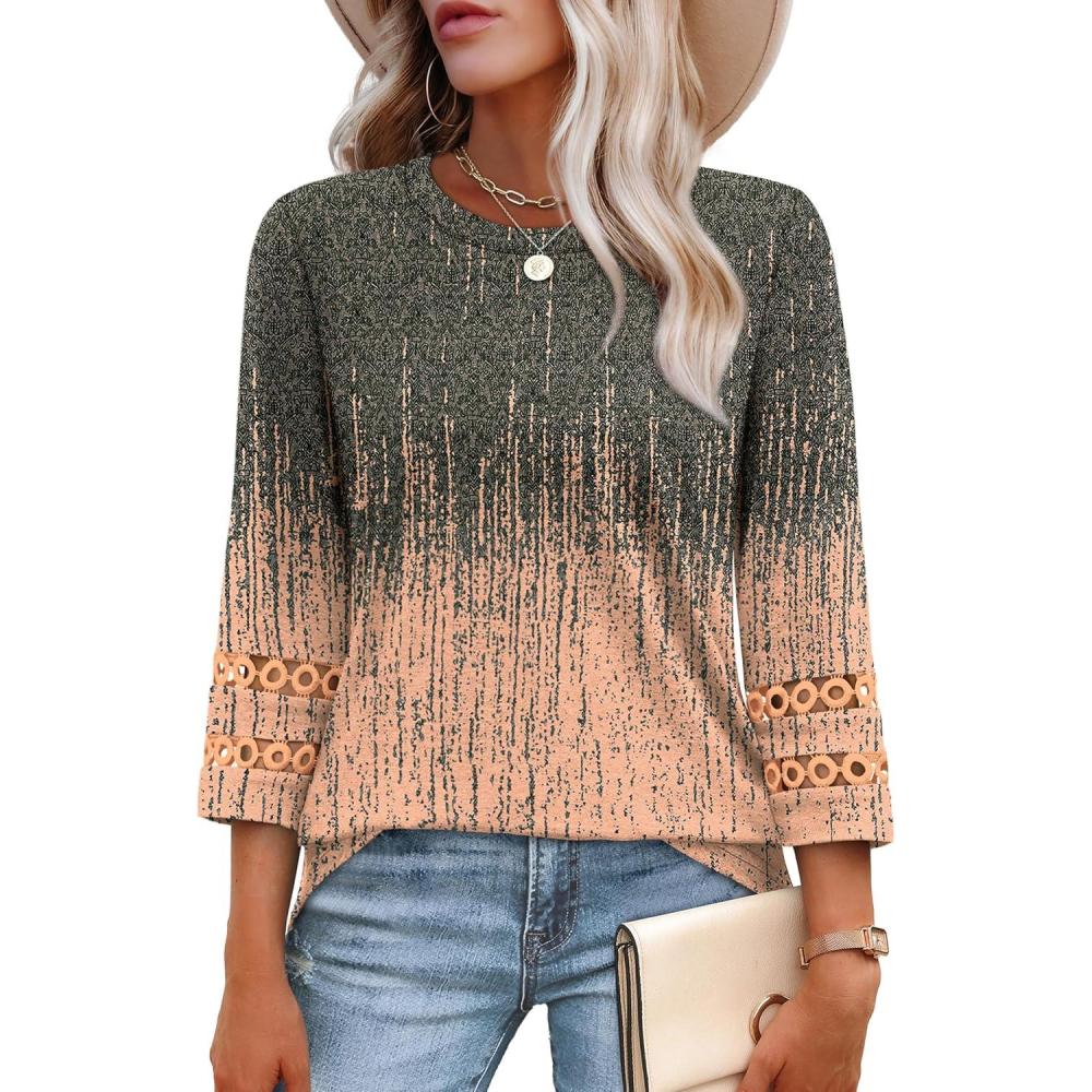 imageXIEERDUO 34 Length Sleeve Womens Tops and Blouses Dressy Casual Crewneck T Shirts Fashion Clothes Loose Fit TrendyZ Grey Coral