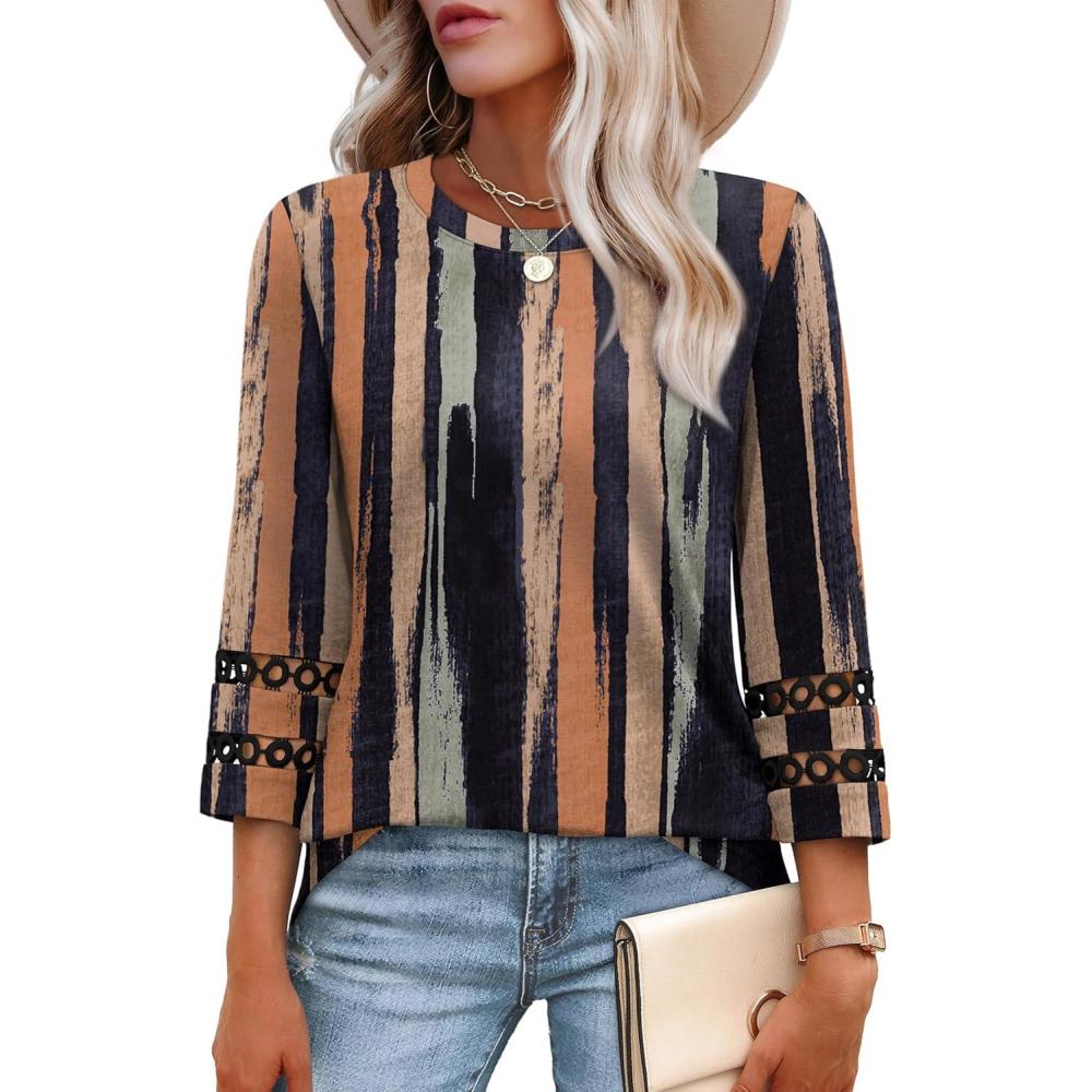 imageXIEERDUO 34 Length Sleeve Womens Tops and Blouses Dressy Casual Crewneck T Shirts Fashion Clothes Loose Fit TrendyZ Multi Stripe