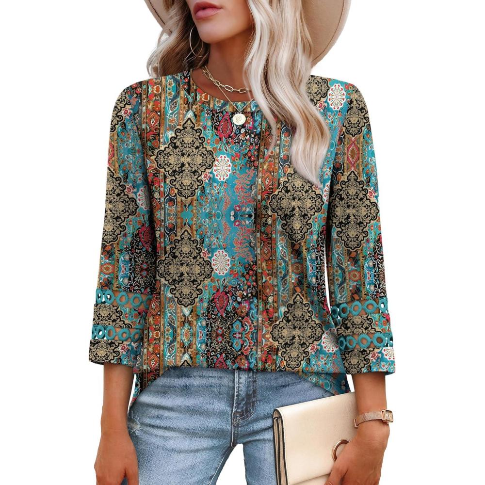 imageXIEERDUO 34 Length Sleeve Womens Tops and Blouses Dressy Casual Crewneck T Shirts Fashion Clothes Loose Fit TrendyZ Print Black