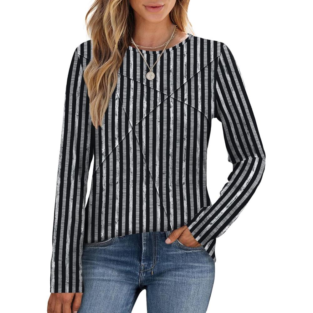 imageXIEERDUO Long Sleeve Shirts for Women Business Casual Tops Trendy Crewneck Fall T Shirts Pleated Loose FitD Black Striped