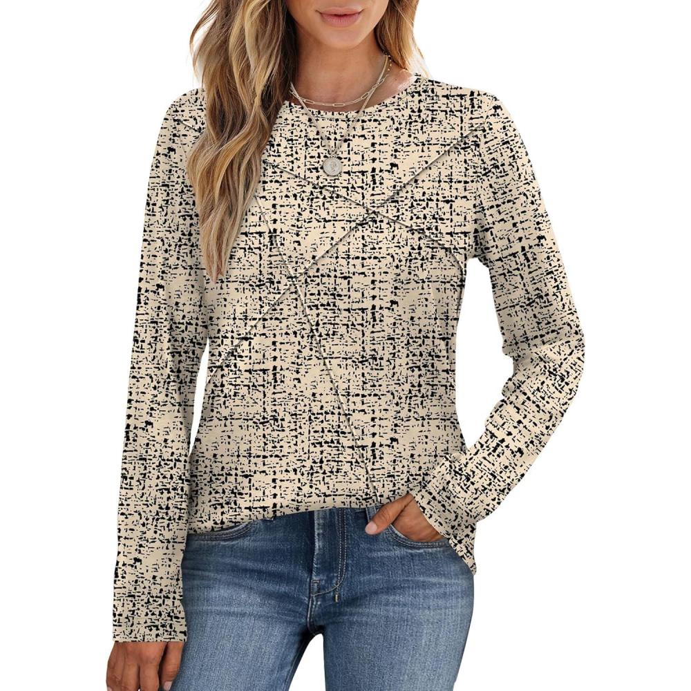 imageXIEERDUO Long Sleeve Shirts for Women Business Casual Tops Trendy Crewneck Fall T Shirts Pleated Loose FitD Print