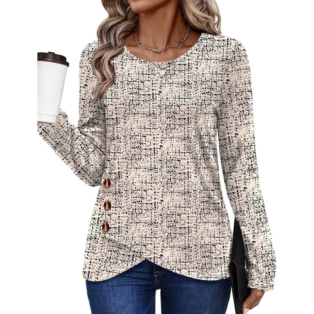 imageXIEERDUO Tunic Sweaters for Women Long Sleeve Shirts Crew Neck Tops with Buttons Fall Fashion Outfits Winter ClothingBeige Black Dots