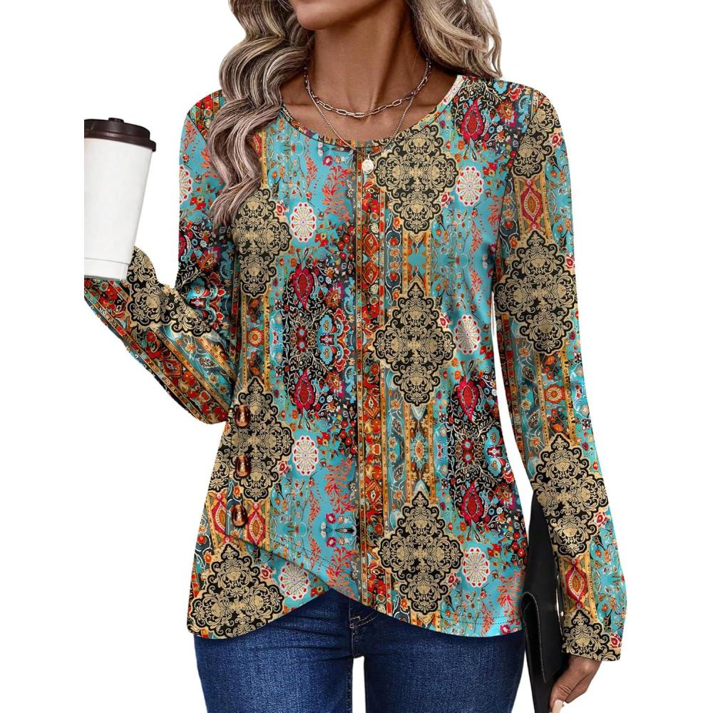 imageXIEERDUO Tunic Sweaters for Women Long Sleeve Shirts Crew Neck Tops with Buttons Fall Fashion Outfits Winter ClothingFigure